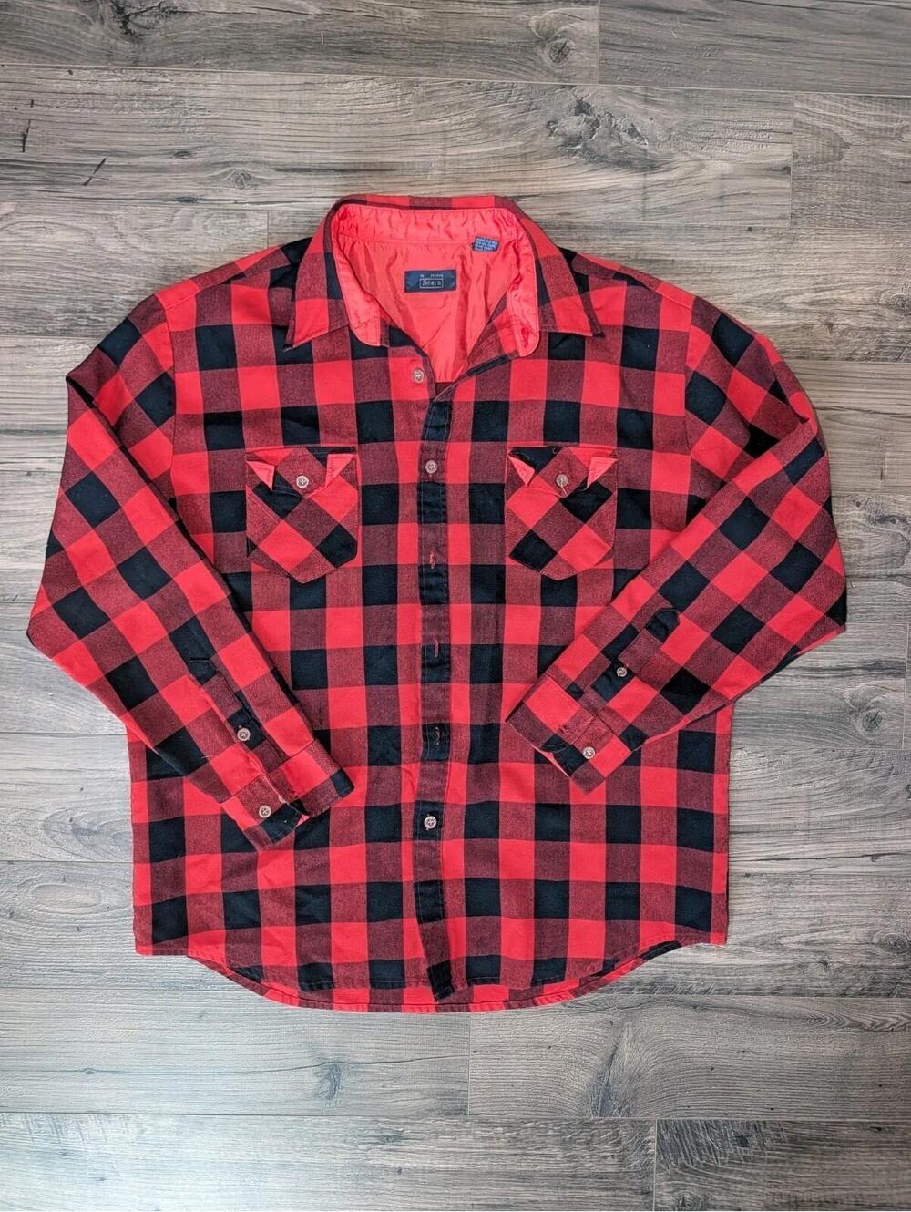 Vintage Sears Men’s XL 17-17.5 Long Sleeve Plaid Flannel Shirt Red /Black